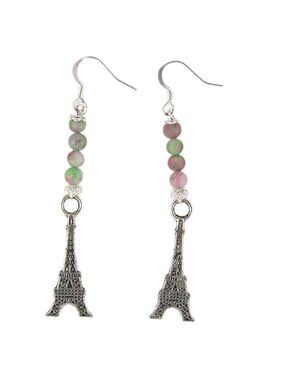 Earrings Eiffel Tower Charms Green Pink Beads Sterling Hooks 2" Long